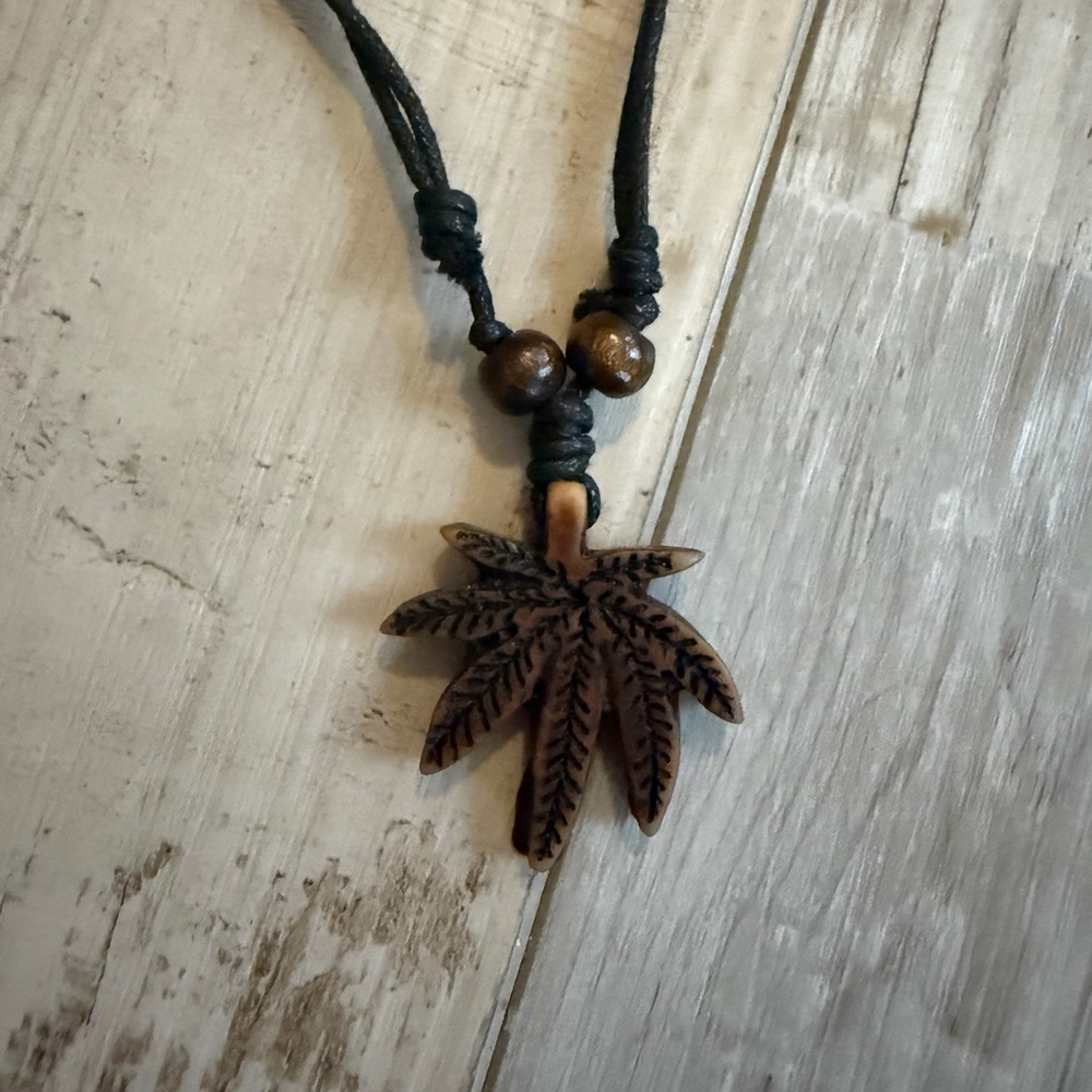 Wooden Marajuana Leaf adjustable necklace